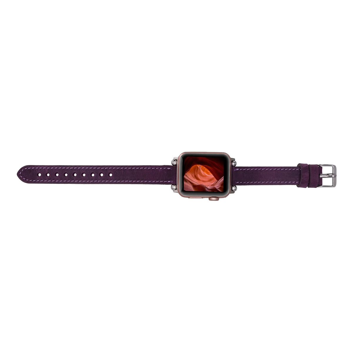 Purple Mizuri Leather Ferro Apple Watch leather band for 44-49mm models, featuring smooth leather and secure clasp.