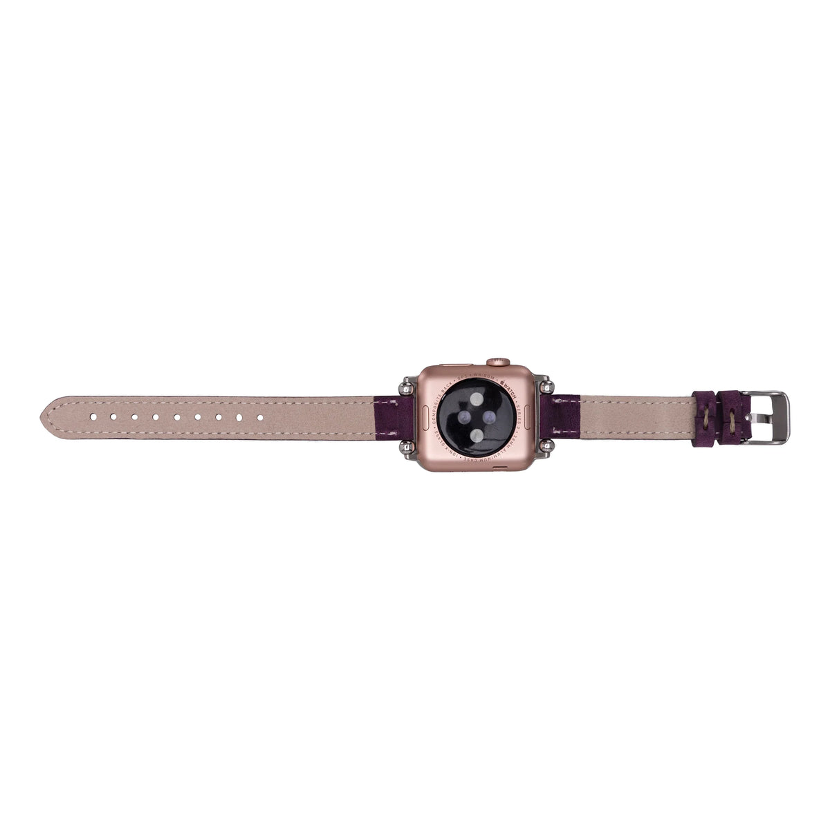 Purple Mizuri Leather Ferro Apple Watch band for 44-49mm Apple Watch, made of genuine leather with a sleek, stylish design.