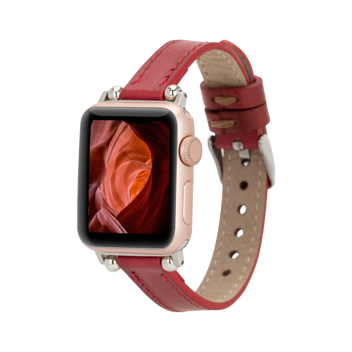 Purple Mizuri Leather Ferro Apple Watch band in 44-49mm size, showcasing its smooth leather strap and sleek design.