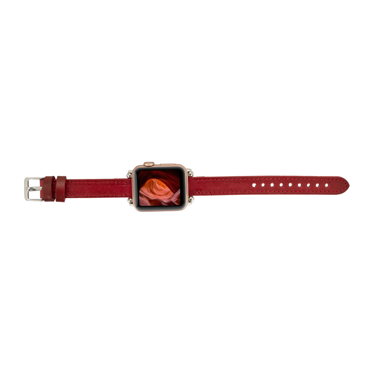 Purple Mizuri Leather Ferro Apple Watch band in 44-49mm sizes, showcasing the genuine leather strap with metal buckle detail.