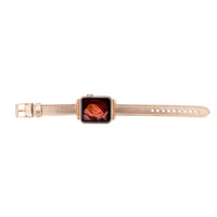 Purple Mizuri Leather Ferro Apple Watch band with leather strap for 44-49mm Apple Watch, detailed close-up of the watch band.