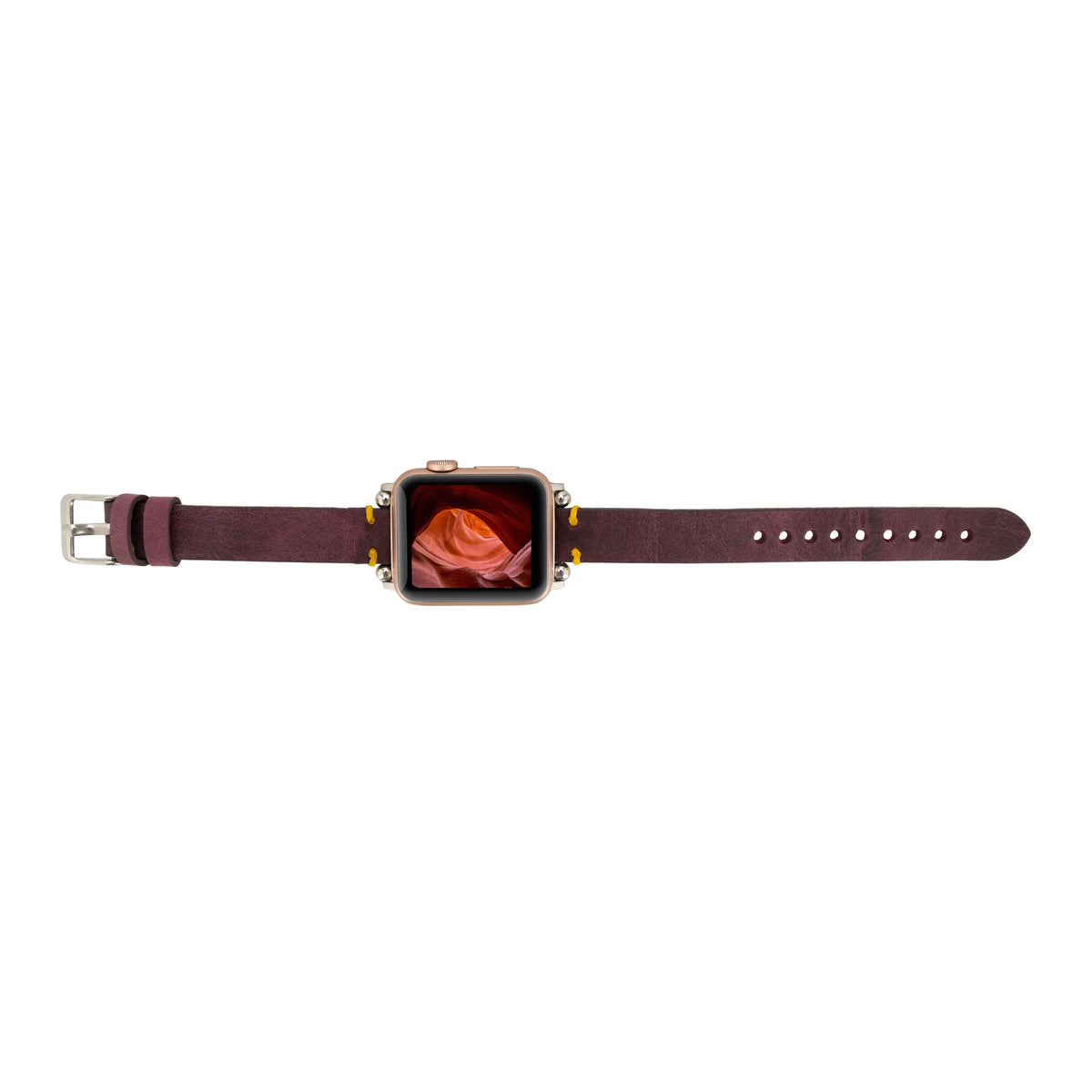 Purple Mizuri Leather Ferro Apple Watch band for 44-49mm models, made of genuine leather with a smooth finish.