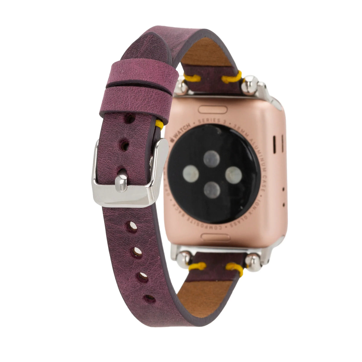 Mizuri Leather Ferro Apple Watch leather band in purple for 44, 45, 46, 49mm Apple Watch, showcasing the textured leather strap.