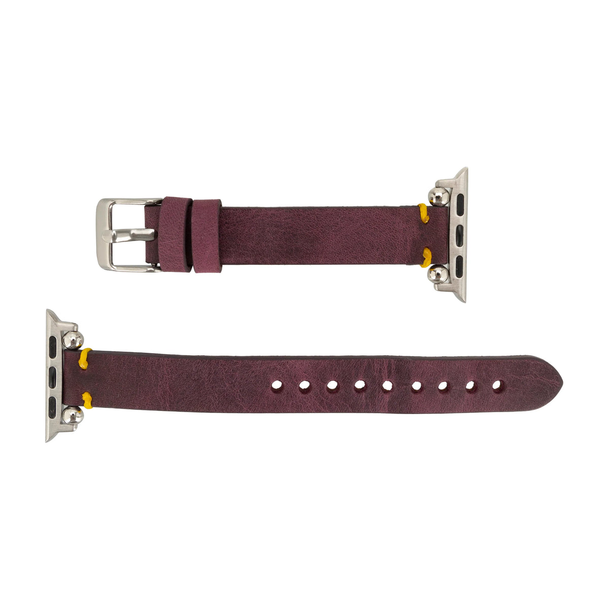 Purple Mizuri Leather Ferro Apple Watch band for 44-49mm models, featuring smooth leather and secure buckle closure.