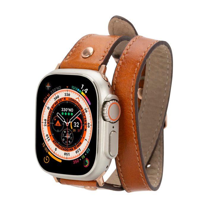 Mizuri Leather Hector double tour leather Apple Watch band in tan with rose gold Trok for 44-49mm Apple Watch.