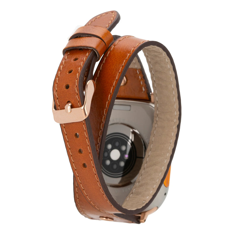 Mizuri Leather Hector double tour Apple Watch band in tan leather with rose gold Trok for 44-49mm Apple Watch models.