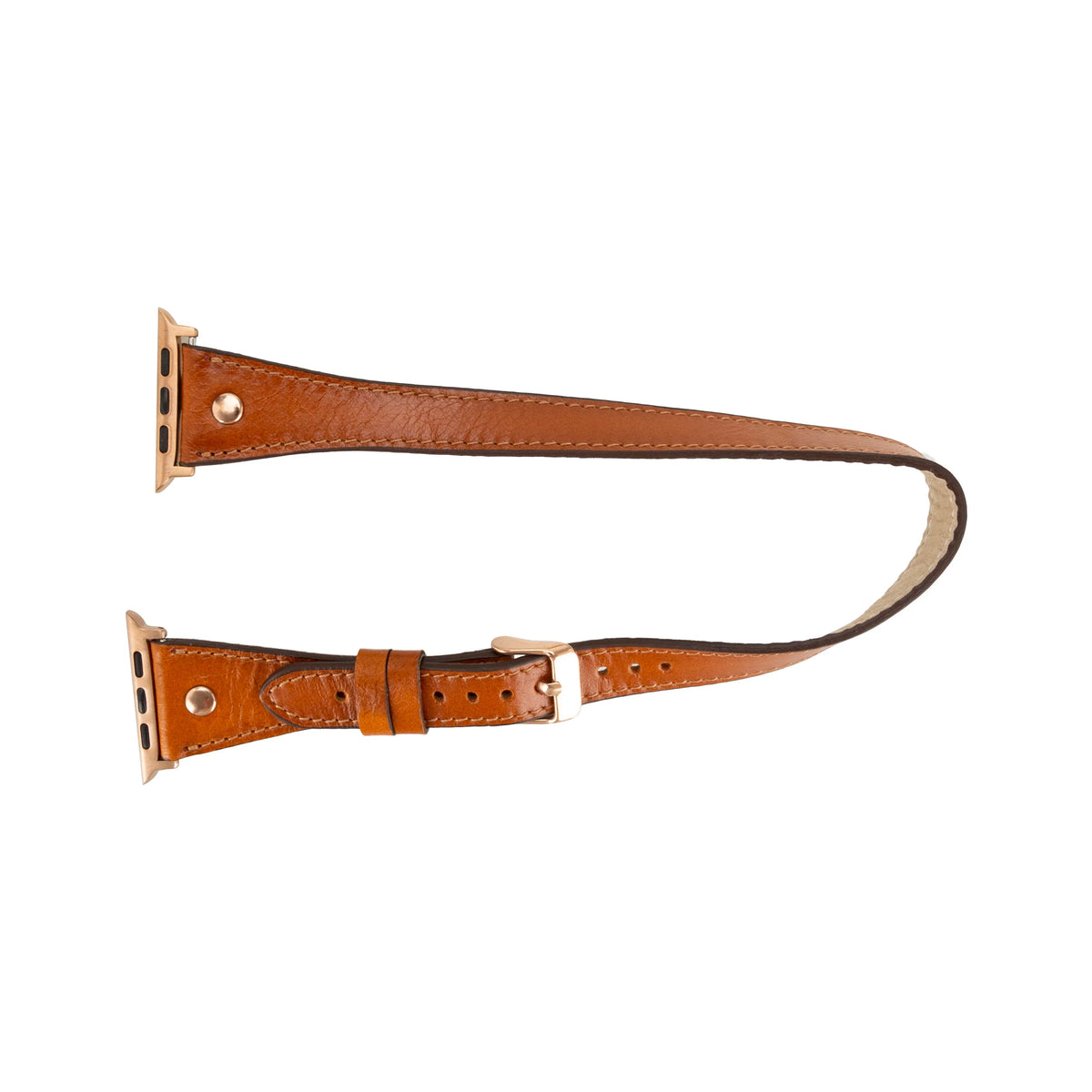 Mizuri Leather Hector double tour leather Apple Watch band in tan with rose gold Trok, fits 44-49mm Apple Watch models.