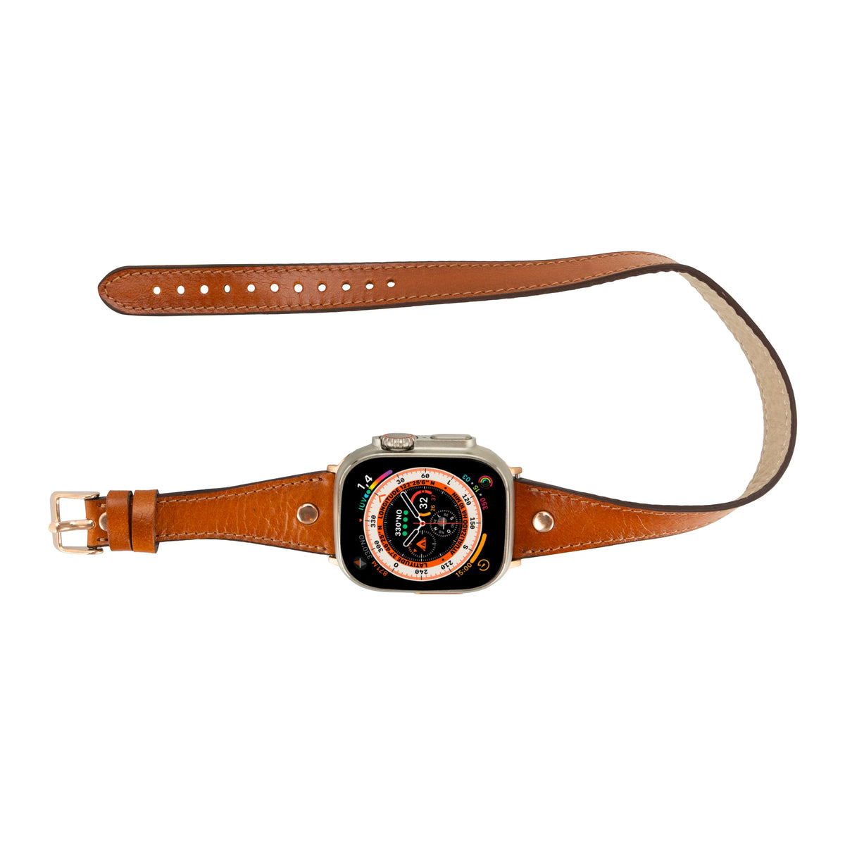 Mizuri Leather Hector double tour leather Apple Watch band with rose gold Trok, tan color, 44-49mm size, stylish and durable accessory.
