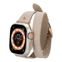 Mizuri Leather Hector double tour leather Apple Watch band with rose gold Trok, tan color, fits 44-49mm Apple Watch models.