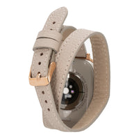 Mizuri Leather Hector double tour leather Apple Watch band in tan with rose gold Trok clasp for 44-49mm Apple Watch.