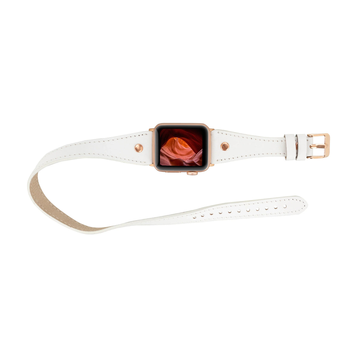 Mizuri Leather Hector double tour leather Apple Watch band with rose gold Trok clasp in tan for 44-49mm Apple Watch.