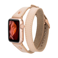 Mizuri Leather Hector double tour leather Apple Watch band in tan with rose gold Trok for 44-49mm Apple Watch.