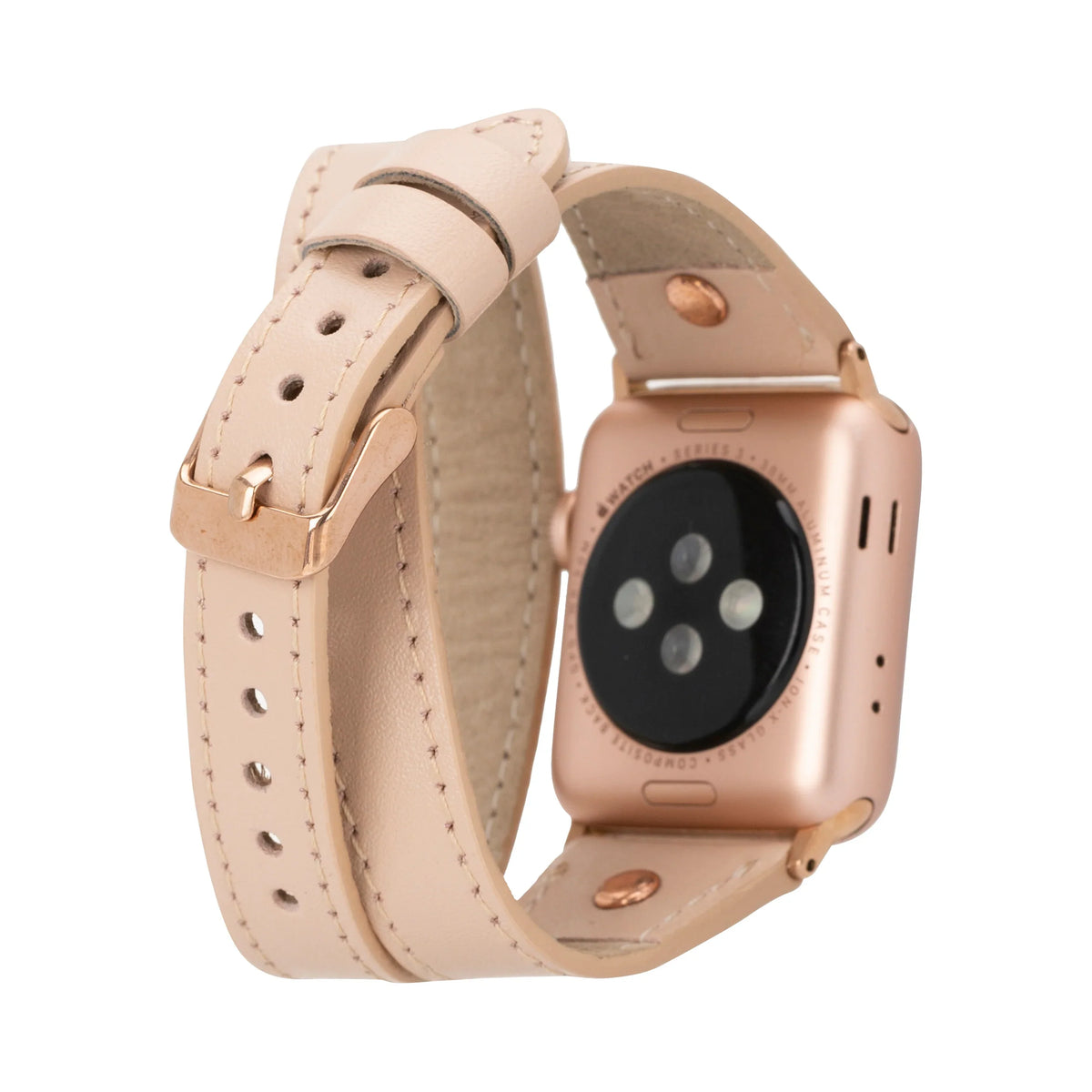 Mizuri Leather Hector double tour leather Apple Watch band with rose gold Trok, tan color, fits 44-49mm watch sizes.