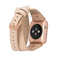 Mizuri Leather Hector double tour leather Apple Watch band with rose gold Trok, tan color, fits 44-49mm watch sizes.