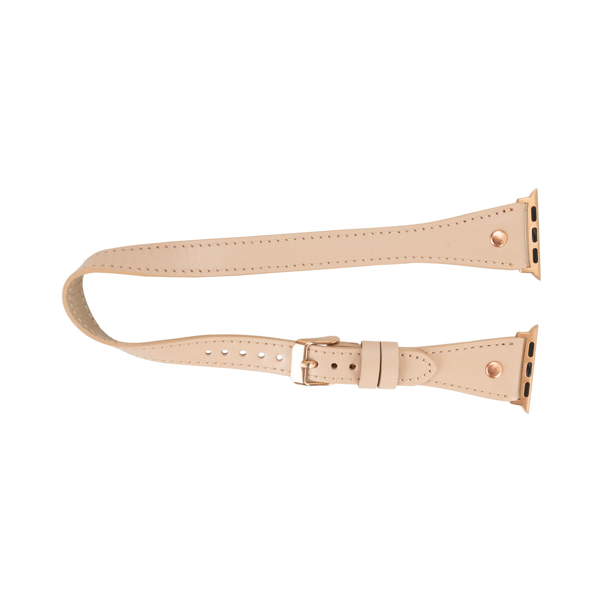 Mizuri Leather Hector double tour leather Apple Watch band with rose gold Trok, tan color, fits 44-49mm Apple Watch models.