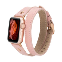 Mizuri Leather Hector double tour leather Apple Watch band in tan with rose gold Trok, fits 44-49mm Apple Watch models.