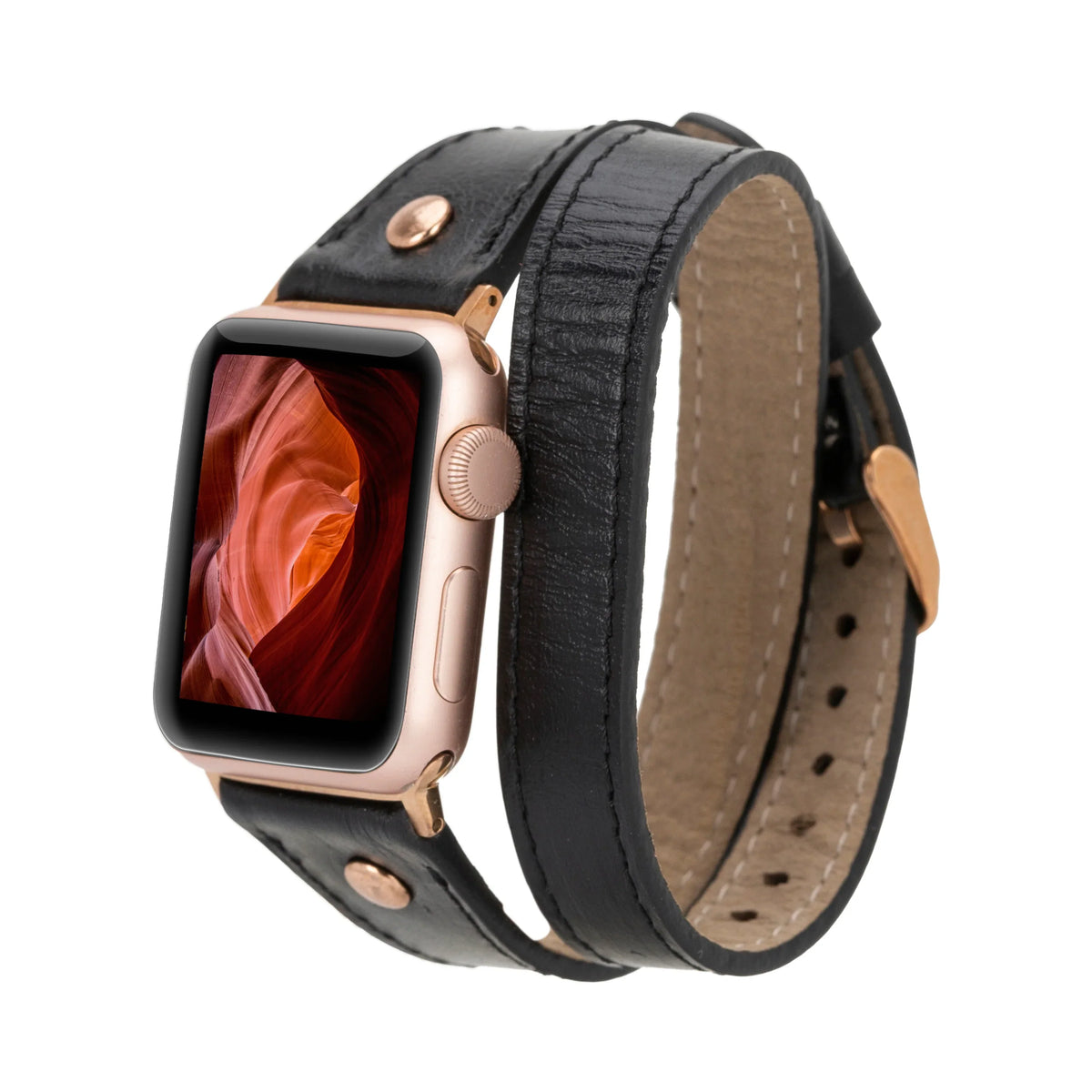 Mizuri Leather Hector double tour Apple Watch band in tan leather with rose gold Trok for 44-49mm Apple Watch models.