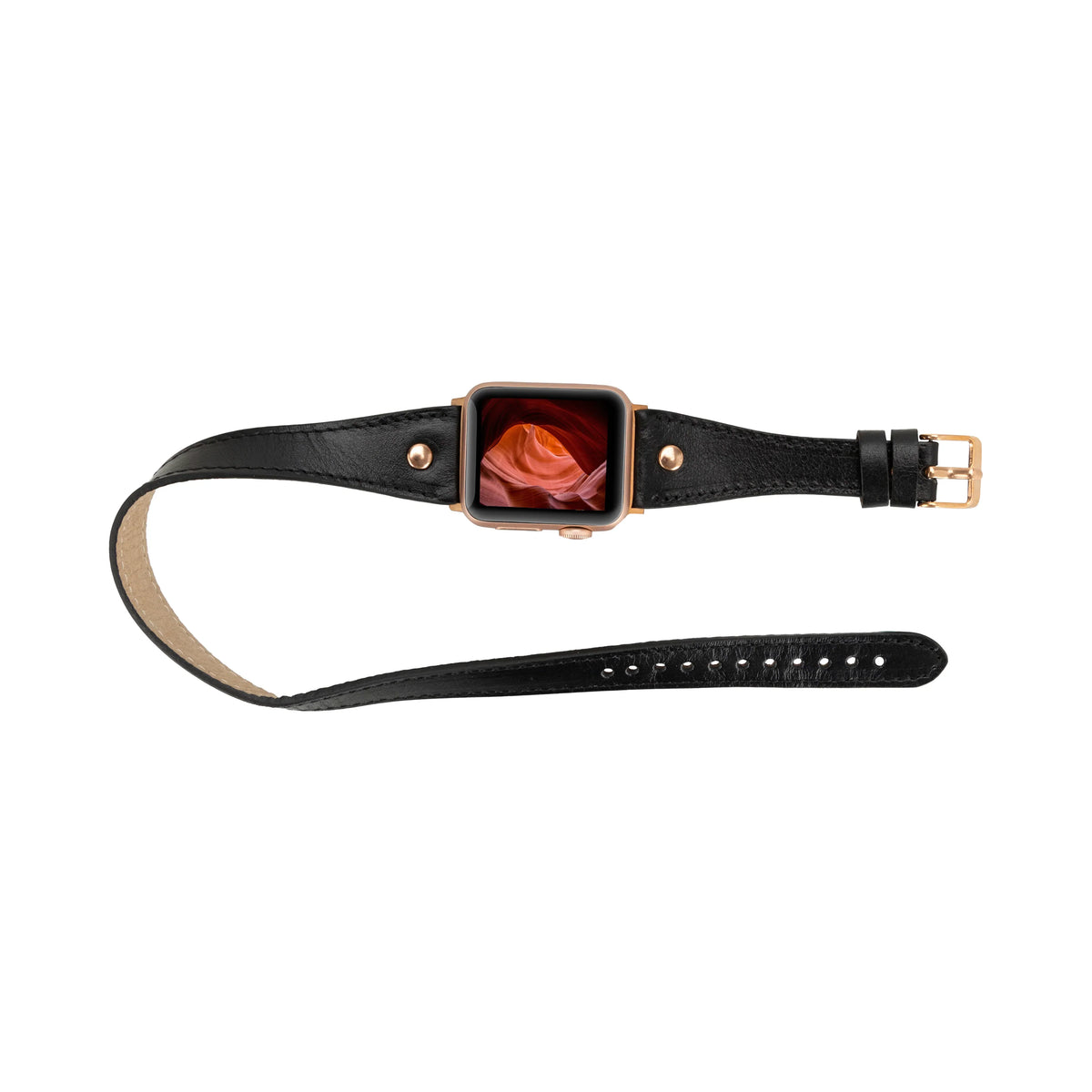 Mizuri Leather Hector double tour leather Apple Watch band in tan with rose gold Trok for 44-49mm Apple Watch.