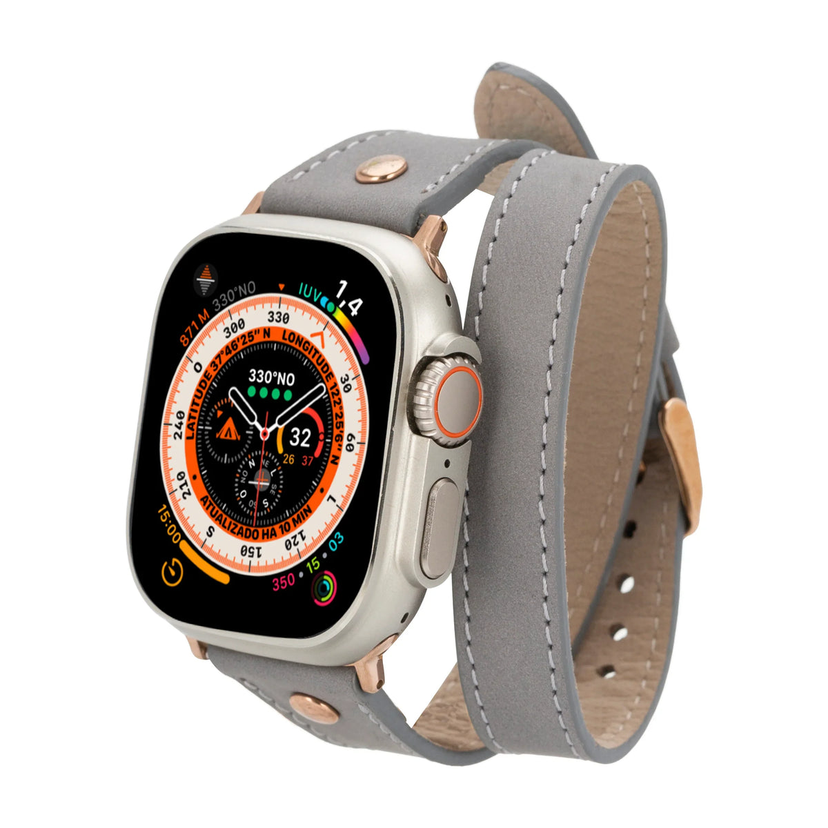 Mizuri Leather Hector double tour leather Apple Watch band in tan with rose gold Trok clasp for 44-49mm Apple Watch models.