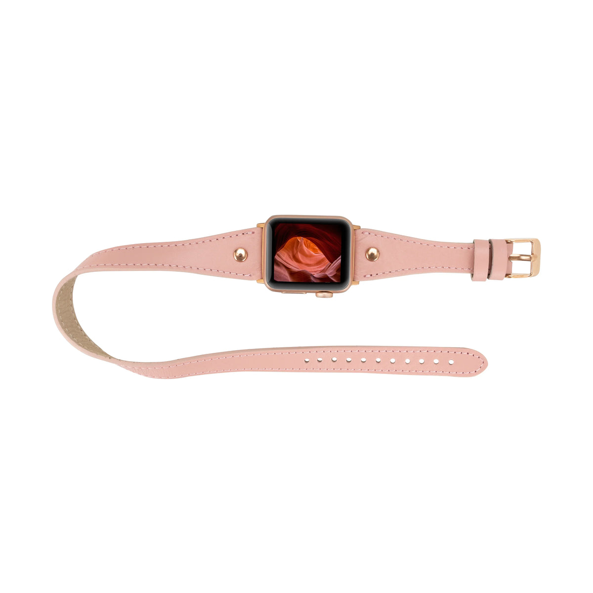 Mizuri Leather Hector double tour leather Apple Watch band in tan with rose gold Trok for 44-49mm watches.