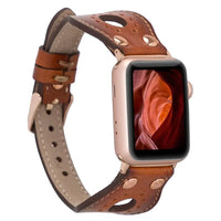 Mizuri Leather Ronda watch band in tan with rose gold Trok clasp for 44-49mm Apple Watch, crafted from genuine leather.