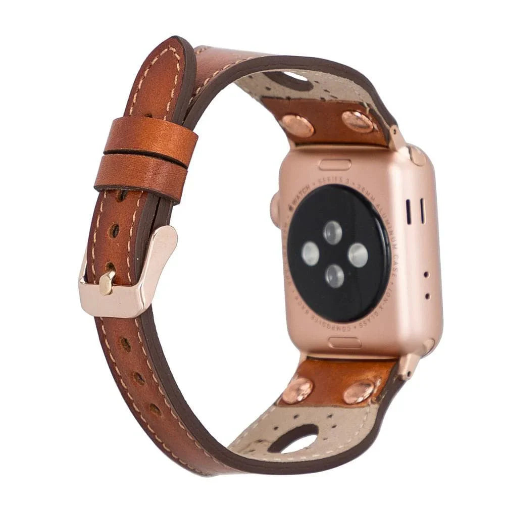 Mizuri Leather Ronda Apple Watch Band with rose gold Trok, tan leather strap for 44-49mm Apple Watch, stylish and durable accessory.