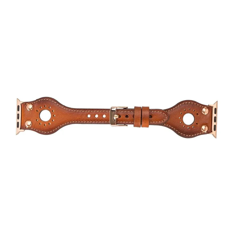 Mizuri Leather Ronda Apple Watch Band in tan with rose gold Trok, designed for 44-49mm Apple Watch, featuring high-quality leather and hardware.