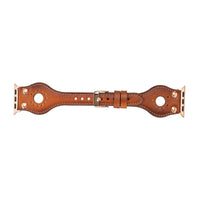 Mizuri Leather Ronda Apple Watch Band in tan with rose gold Trok, designed for 44-49mm Apple Watch, featuring high-quality leather and hardware.