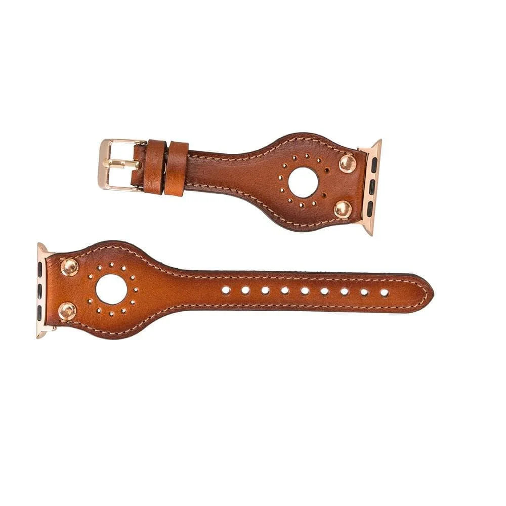 Mizuri Leather Ronda Apple Watch band in tan leather with rose gold Trok clasp, designed for 44-49mm Apple Watch models.