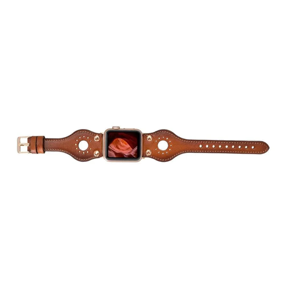Mizuri Leather Ronda Apple Watch band in tan with rose gold Trok, designed for 44-49mm Apple Watch, featuring genuine leather and stylish details.