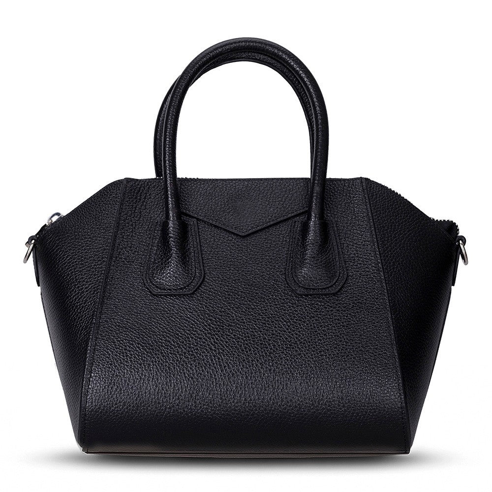 Black Mizuri Leather Lorenza women's medium leather bag with adjustable strap and stylish design, perfect for everyday use.