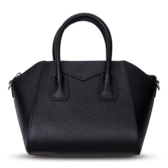 Black Mizuri Leather Lorenza women's medium leather bag with adjustable strap and stylish design, perfect for everyday use.