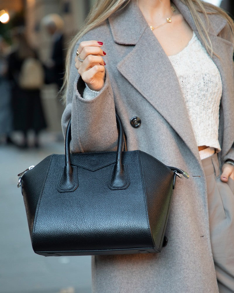 Black Mizuri Leather Lorenza Women's Bag, medium size, stylish leather handbag with top handles and a sleek design.