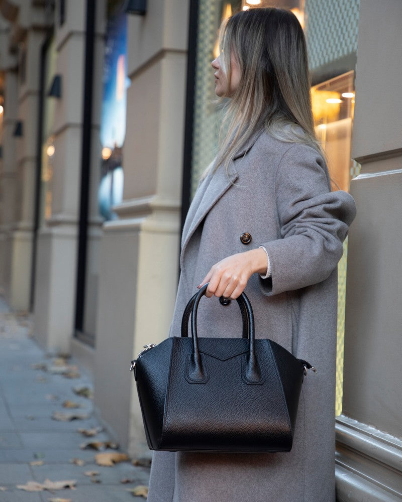 Black Mizuri Leather Lorenza Women's Bag in medium size with sleek leather design, perfect for everyday use.