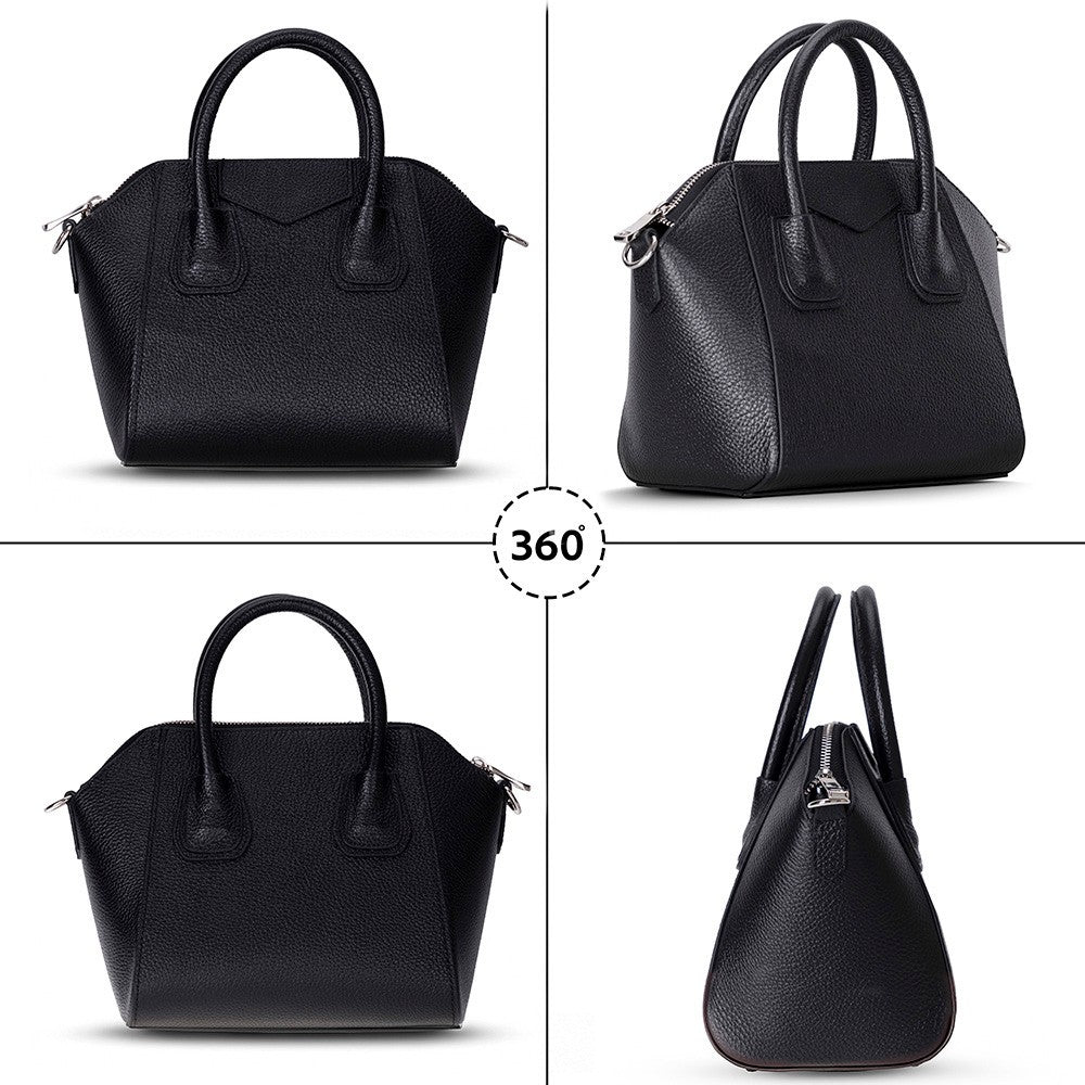 Black Lorenza leather women's bag by Mizuri Leather, medium-sized with stylish handles and spacious interior for everyday use.
