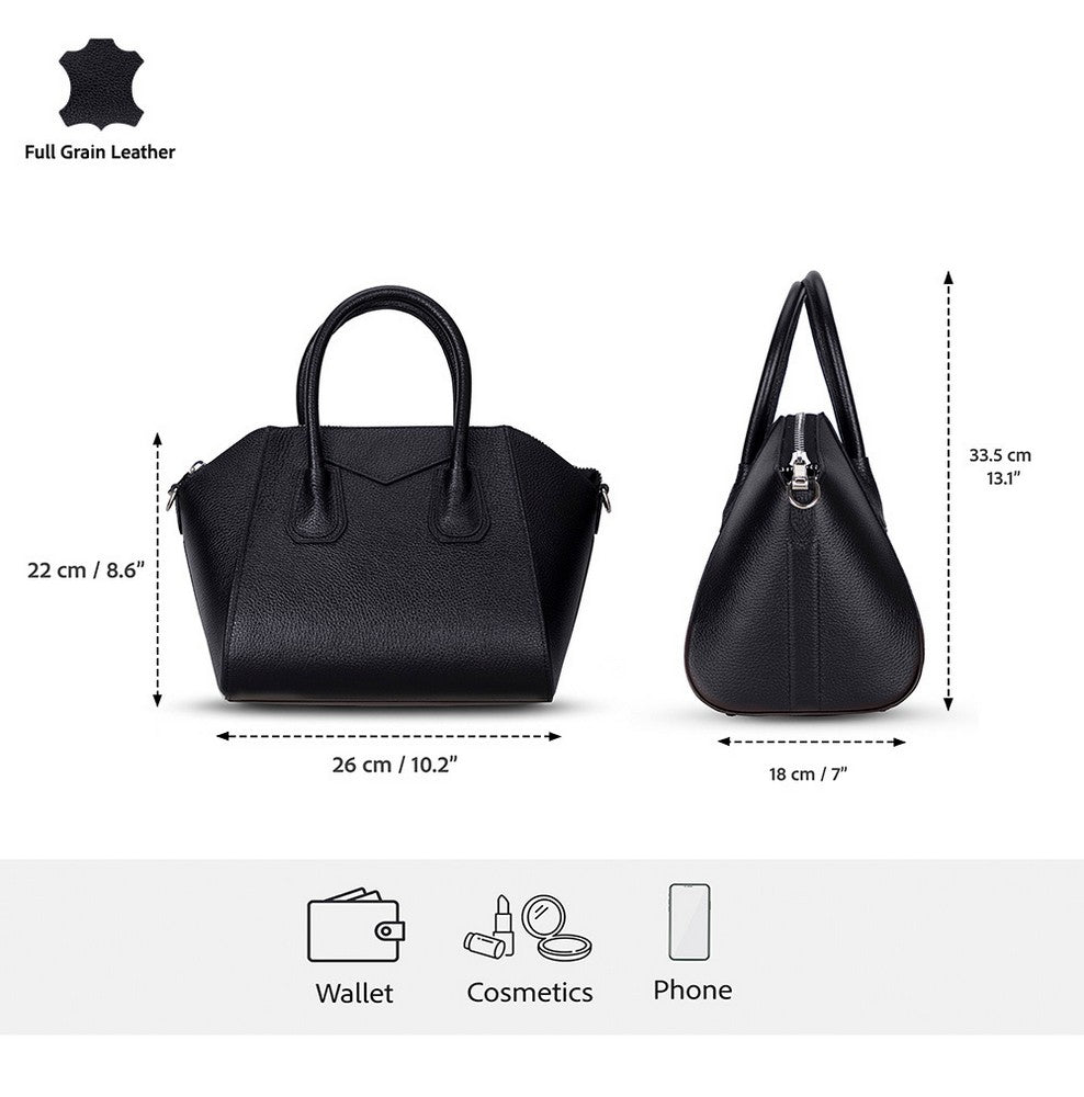 Black Mizuri Leather Lorenza Women's Bag, medium-sized leather handbag with clean design and sturdy handles.