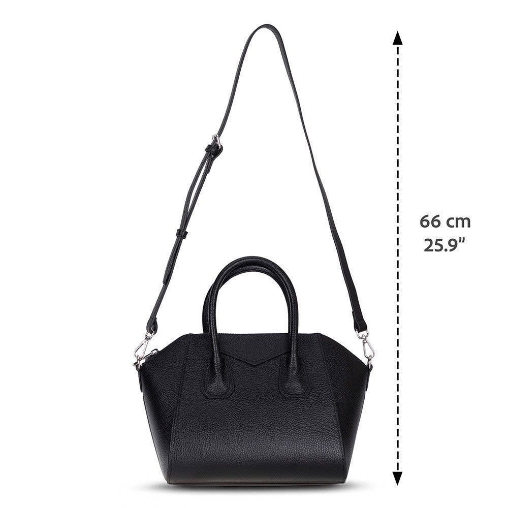 Black Mizuri Leather Lorenza women's medium leather bag with top handles and sleek design, perfect for everyday use.