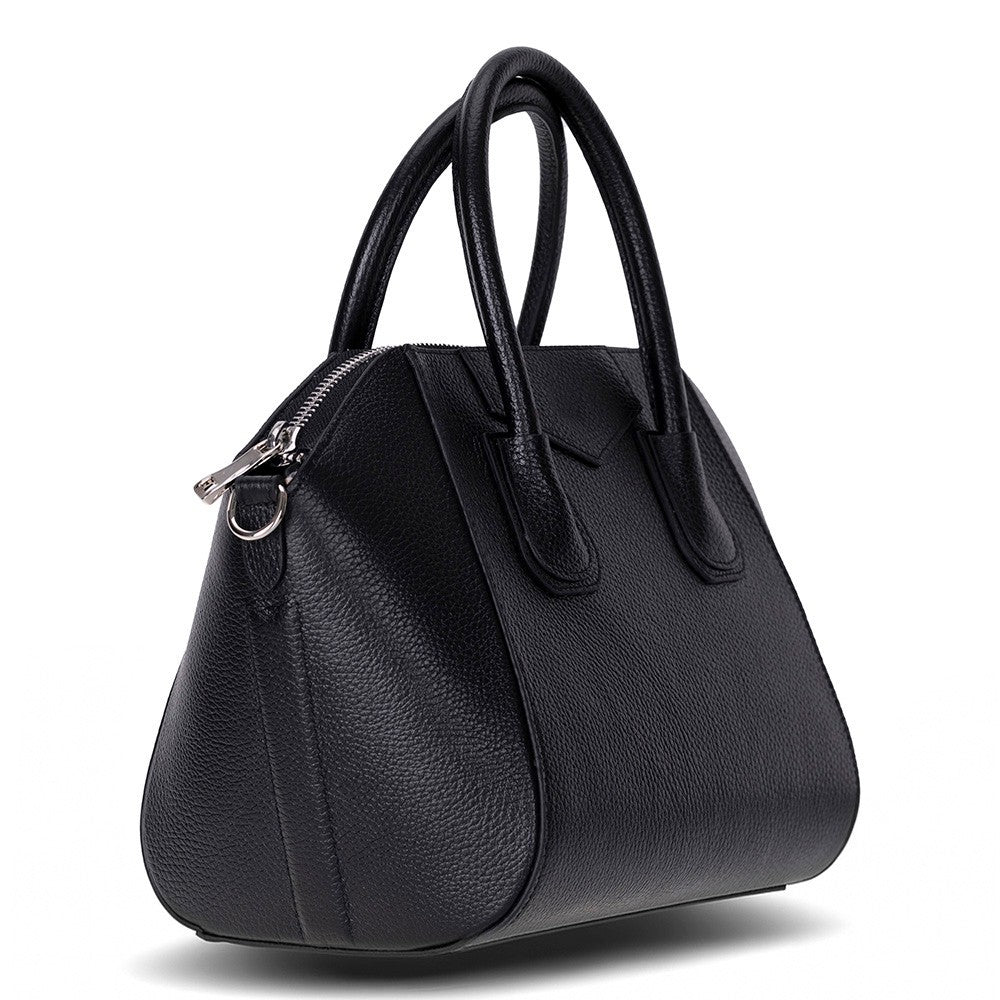 Black Mizuri Leather Lorenza Women's Bag, medium-sized leather handbag with sleek design and sturdy handles.