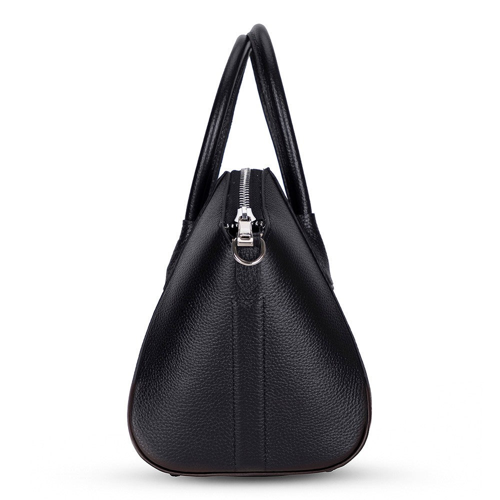 Black Mizuri Leather Lorenza women's medium leather bag with top handles and subtle stitching details.