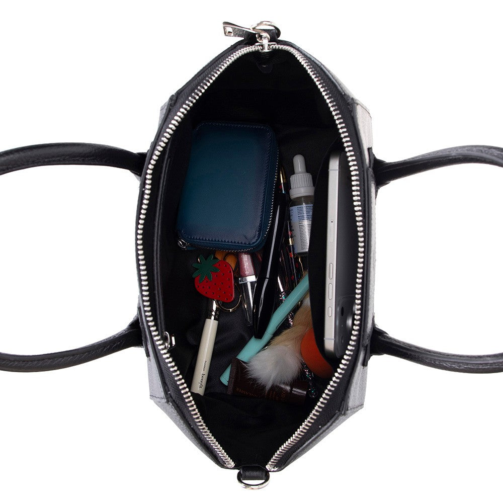 Black Mizuri Leather Lorenza Medium Women's Bag with sleek leather design and spacious interior for everyday use.