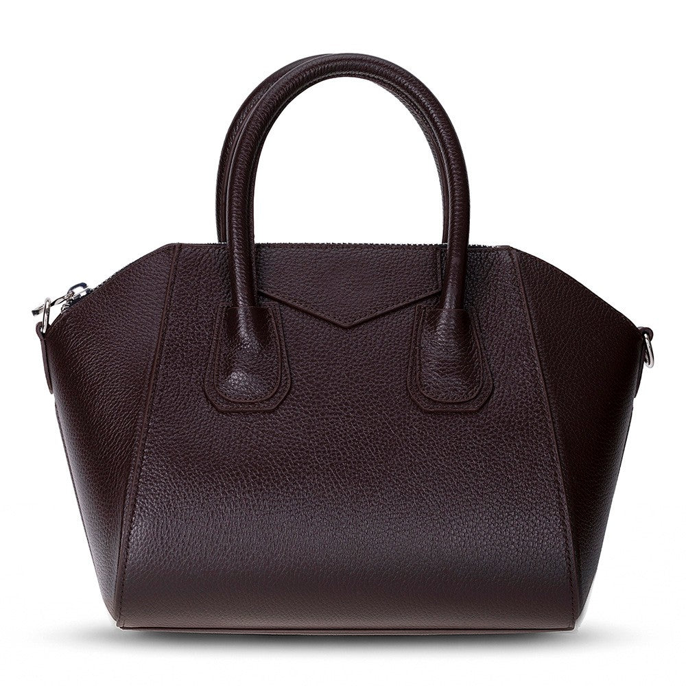 Black Mizuri Leather Lorenza women's medium leather bag with double handles and sleek design.