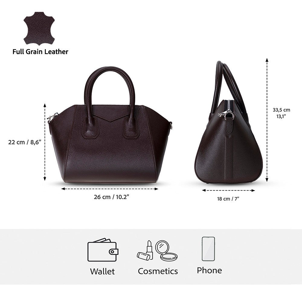 Black Mizuri Leather Lorenza women's medium leather bag with adjustable strap and sleek design, perfect for everyday use.