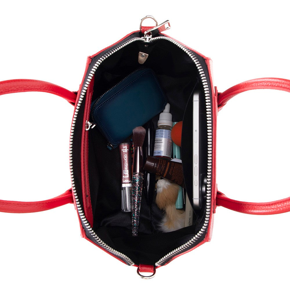 Black Mizuri Leather Lorenza Women's Bag in medium size, stylish leather handbag with elegant design and sturdy handles.