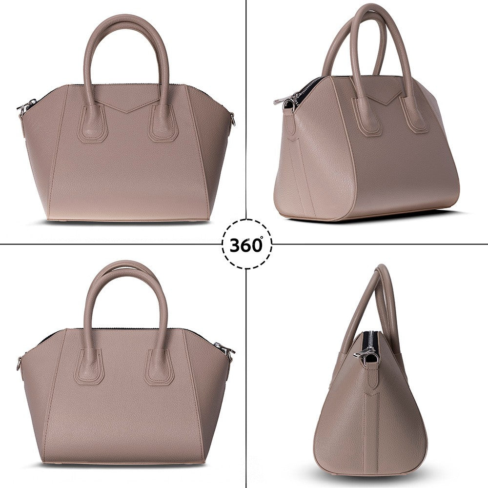 Black Mizuri Leather Lorenza women's medium leather bag with structured design and top handles.