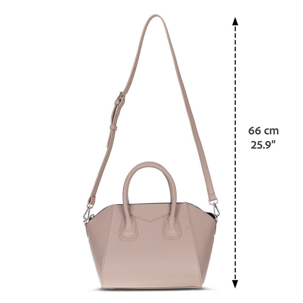 Black Mizuri Leather Lorenza Women's Bag in medium size with sleek leather design and top handle.