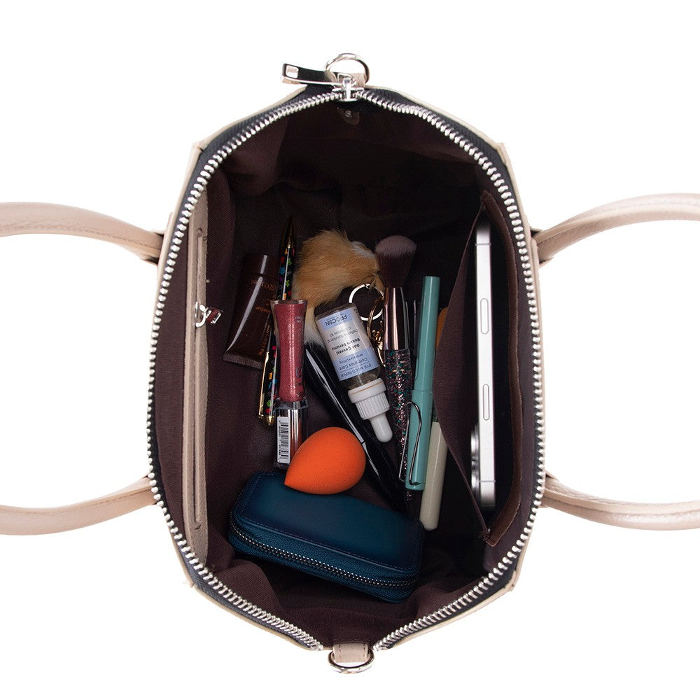 Black Mizuri Leather Lorenza women's medium leather bag with top handles and sleek design, ideal for everyday use.