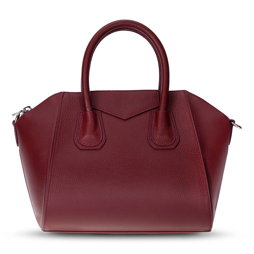 Black Mizuri Leather Lorenza women's medium leather bag with top handles and sleek design.