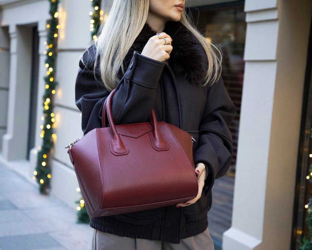 Black Lorenza Leather Women's Bag by Mizuri Leather, medium-sized handbag with sleek design and sturdy leather construction.