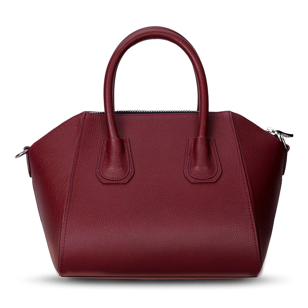 Black Mizuri Leather Lorenza Women's Bag in medium size, stylish leather handbag with top handles and subtle stitching detail.