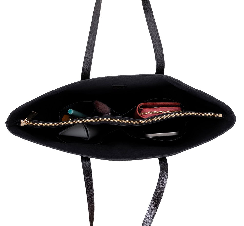Black Mizuri Leather Solea Women's Bag with sleek design, featuring leather construction and stylish handles.
